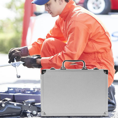 Workhorse Aluminum Toolbox Organizer With Heavy Duty Lock And Molded Foam Inserts Portable Stash Case For Tradesmen And Homeowners, shown outdoors.