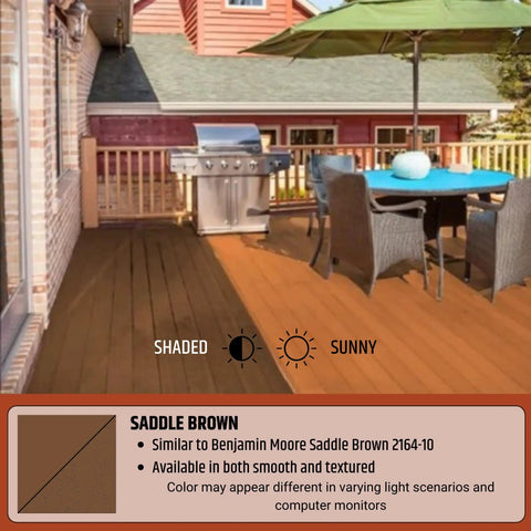 Outdoor deck with 10x Tougher Deck Coating That Will Not Peel Or Crack Flexible Urethane Sealant for Wood Concrete and Plywood Textured Saddle Brown Finish Waterproof And Stain Resistant 1 Gallon, showing shaded and sunny contrast.