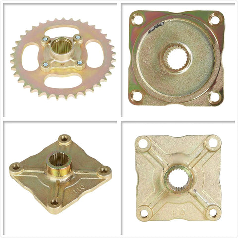 Close-up of Rear Axle Assembly Kit components for 32 inch Go Karts with shaft hub, chain brake, and heavy duty chrome construction.