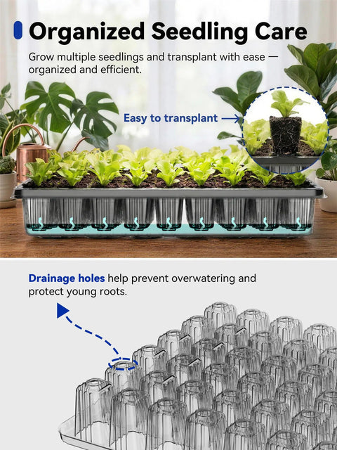 Seed Starter Tray With Grow Lights 54-Cell Kit, Humidity Dome, indoor plants with drainage holes and seedlings for transplanting.