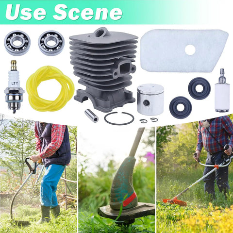 35Mm Cylinder Piston Kit For Husqvarna 128C 128CD 128L 128LD String Trimmer With Air Filter Fuel Filter Spark Plug Gasket Ring Replacement Parts 545008082 Easy Install shown with trimmer use scene.