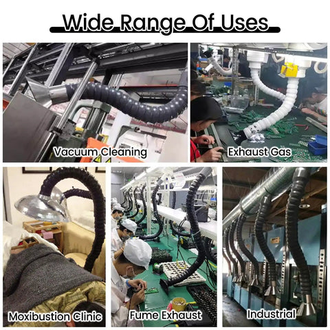 Heavy Duty 3 Pack Plastic Articulated Duct Flexes Great Yanking Welding Fumes used in various applications like vacuum cleaning and fume exhaust.