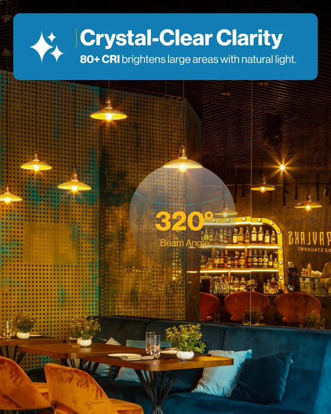 Warmly lit restaurant interior with Clear Vintage Filament LED ST64 Waterproof Bulbs, 800 Lumens, in decorative fixtures above tables.