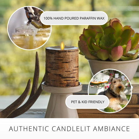 Birch Bark Wrapped Flameless LED Candle With Moving Flame, Battery Operated 3.5 By 4.5 Inch Pillar Light, on a table