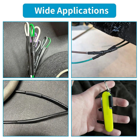 Adhesive Lined Heat Shrink Tubing Kit, 70 Piece Set In 7 Sizes With 3 To 1 Shrink Ratio, Black Wire Wrapping Tubing For Electronics And Auto Projects, UL Certified, Durable Industrial Grade, Value Packed shown in various applications on wires and tools.