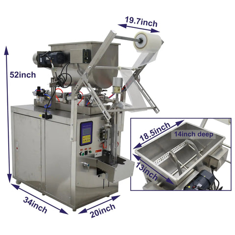 Automatic Liquid Paste Filler And Sealer Machine With Mix Hopper For Sauces And Chunky Salsa Stainless Steel Three Side Packaging System side view with dimensions labeled.