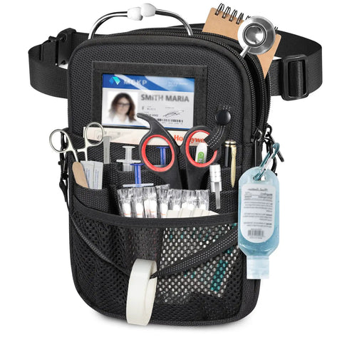 All-In-One Must-Have Nursing Utility Fanny Pack With Tape Holder And Stethoscope Pocket, black, filled with medical tools and supplies