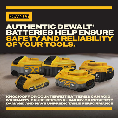 Assorted DeWalt batteries including 20 Volt Max XR Lithium Ion Battery 5Ah with LED charge indicator.