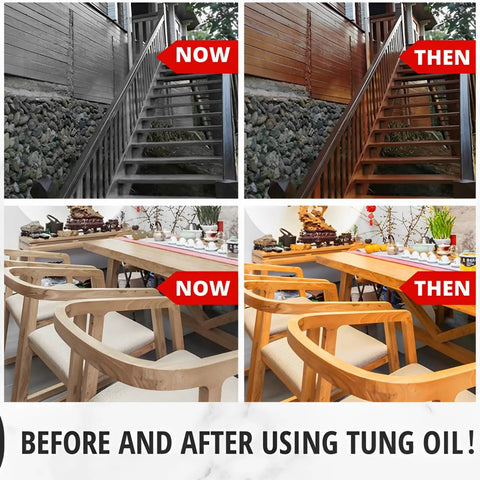 Before and after using Straight Up Pure Tung Oil 32 Oz Bulk Bundle With Professional Brush on wood stairs and furniture.