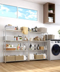 Beefy 4 Tier Metal Shelf Unit With Adjustable Shelves And Feet, Heavy Duty Storage Rack, loaded with items in a laundry room.