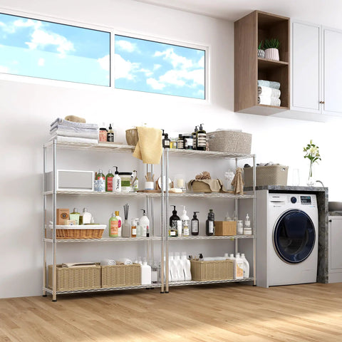 Beefy 4 Tier Metal Shelf Unit With Adjustable Shelves And Feet, Heavy Duty Storage Rack, loaded with items in a laundry room.
