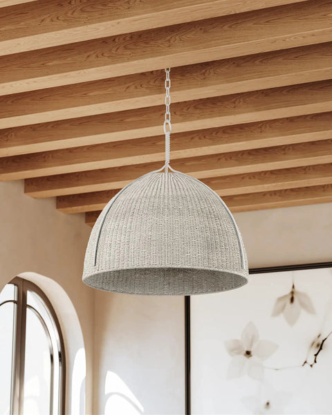 Top Shelf One Light Handwoven Dome Pendant Lamp With Vintage Gold Leaf Finish Heavy Duty Steel Customizable Hang Height Damp Rated Bathroom Ceiling Fixture Slick Organic Vibe For Any Space, light gray rattan dome.