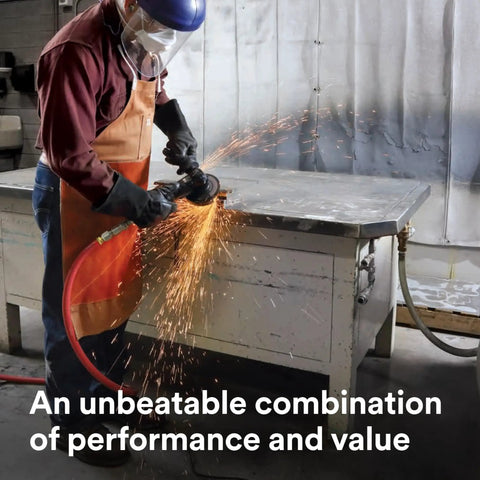 Worker using Fiber Disc 982C Pack Of 100 Four And A Half Inch By Seven Eighth Inch Center Hole Sixty Plus Grit for grinding metal