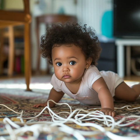 Baby crawling near cables, illustrating need for 126 Inch Cable Raceway Kit White Paintable Wall Mount Cord Concealer for TV Cables Baby and Pet Proof, 5 to 6 Cables, Wire Hider Wire Cover for Cords and Electrical Wires.
