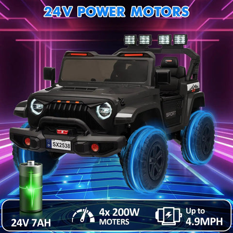 Huge 24V Ride On Car With Remote Control For Big Kids, Two Seater Family Fun Vehicle, 4WD Off Road Style in Black with LED lights.