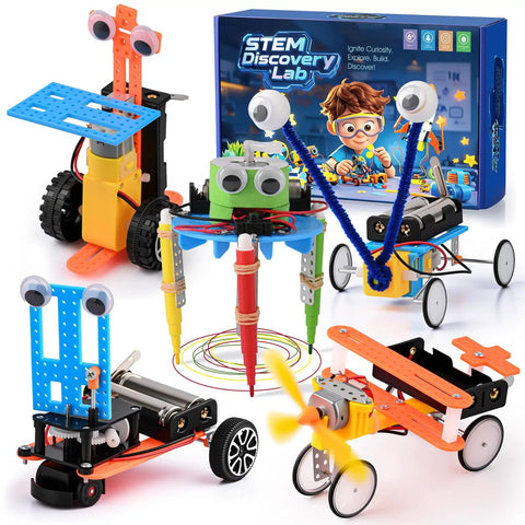 Hands-On Robot Building Kit for Kids Ages 6 to 13 with five colorful robots and packaging, STEM learning set for DIY engineering projects.