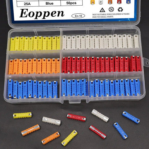 Top Shelf 200 Piece Torpedo Blade Fuse Assortment Kit With 5A 8A 10A 16A And 25A Amps No Sweat Pro Grade, assorted fuses in organizer.