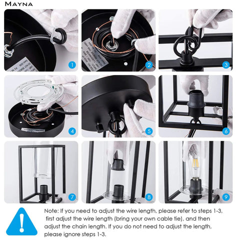 Step-by-step installation of One Light Farmhouse Pendant Light With Black Metal Cage And Glass Shade, adjustable chain for mounting.
