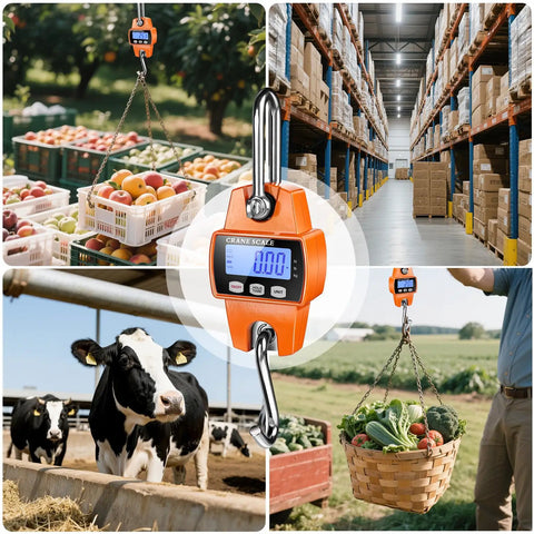 Rock Solid Heavy Duty Digital Hanging Scale Premium Aluminum Crane Gauge 660 Lb Capacity in use weighing produce and livestock.