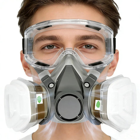 Front view of Pro Grade Reusable Half Face Respirator Kit with Anti Fog Safety Glasses and Filters for Dust Paint and Sanding