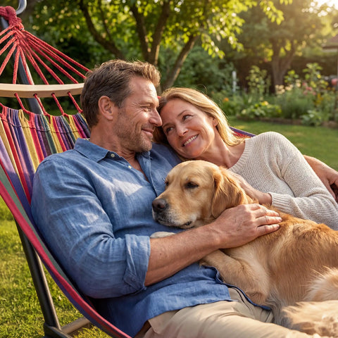 Couple with dog relaxing in Double Hammock With Heavy Duty Steel Stand Portable Easy Assembly 600Lb Weight Capacity Adjustable Hooks Cotton Comfort Durable Frame Carrying Bag Included Ideal For Indoor Yard Camping And Outdoor Rainbow