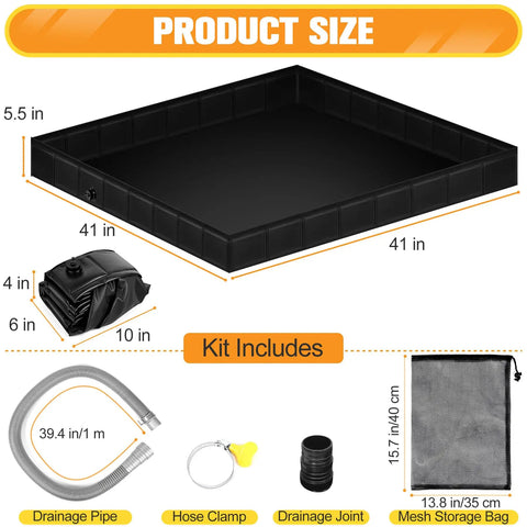 Upgraded Portable Shower Pan 41 By 41 By 5 Inch Rugged Non Slip Base with Drain Hole and Mesh Storage Bag shown unassembled