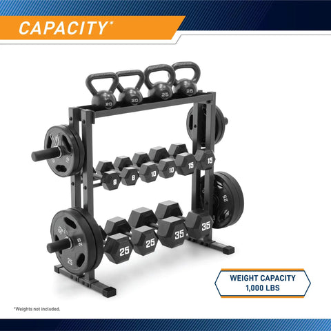 Rugged Three Tier Combo Weight Storage Rack For Home Gym Dumbbell Kettlebell And Plate Organization Built Tough Steel Frame with weights