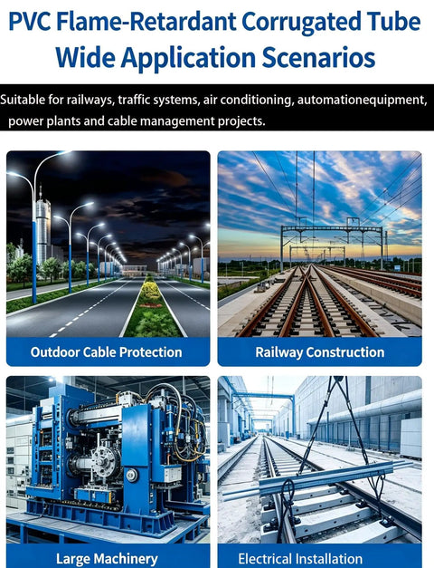 Badass Flexible PVC Corrugated Conduit For Electrical Wiring And Cable Routing With Flame Retardant Protection Heavy Duty Milk White Tubing used in outdoor cable protection, railway construction, large machinery, and electrical installations.
