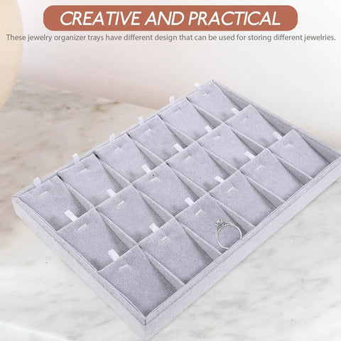 Super Smooth Large 18 Compartment Velvet Jewelry Storage Tray With Handy Necklace And Watch Display Pad Totally Organized For Craft Sessions And Stylish Desk Vibes placed on a marble surface with a ring visible.