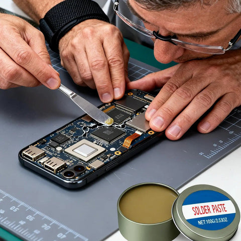 Technician applying lead free solder paste flux repair aid with quick melt bond on electronics circuit board