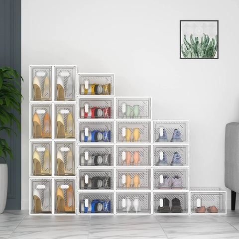 Stackable Clear Shoe Storage Boxes Game Changer For Modern Closet Organization, showcasing 20 durable plastic organizers with various shoes.