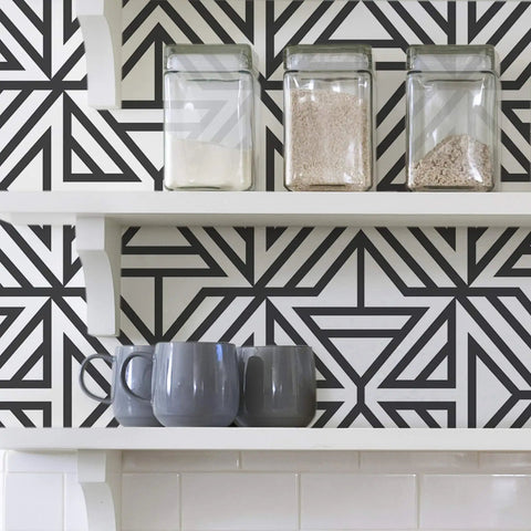 Black And White Geometric Peel And Stick Wallpaper For DIY Projects Repositionable And Removable With No Residue behind shelves