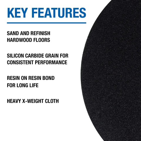 Silicon Carbide Floor Sanding Discs 16 Inch Cloth Back 2 Inch Center Hole Grit 60X Pack 20 Pro Grade features list