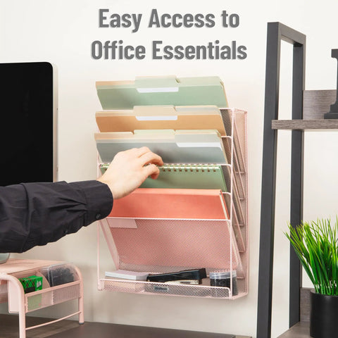 Top Shelf Pink Metal Mesh Vertical File Storage Desktop Organizer With Hella Angled Pockets For Folders And Documents Wall Mount ready, 12.75L x 4.0W x 16.0H inches, in use with files and essentials.