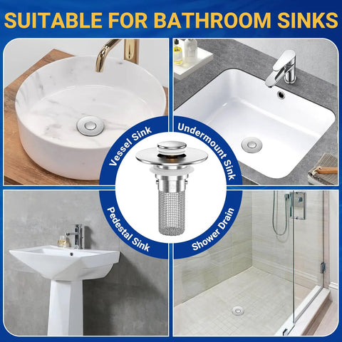 Heavy Duty Bathroom Sink Drain Strainer And Pop Up Stopper With Removable Stainless Steel Hair Catcher Basket Universal Fit For US Fixtures swipes hairs away fast in various sink styles