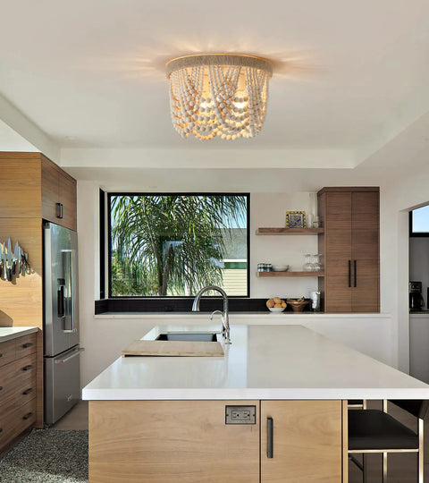 Boho Chic Wood Beaded Flush Mount Light Fixture, Rustic Farmhouse Three Light Chandelier in modern kitchen with hemp rope trim