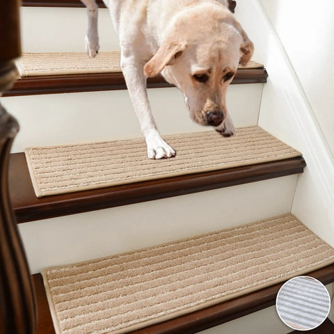 Dog descending wooden stairs with Soft Edging Stair Treads Non Slip Carpet Mats For Indoor Wooden Steps 28x9 Inch Stair Runners Set Kid And Dog Friendly With 100 Percent Polyester And TPE Backing Beige 10 Pcs.