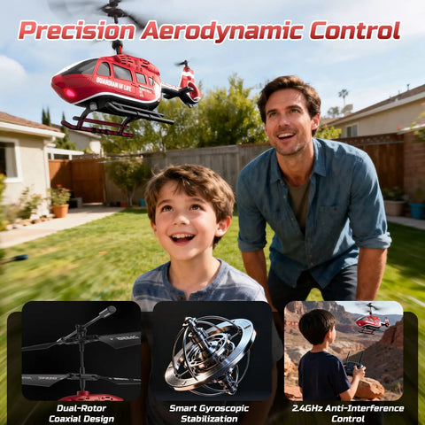 Father and son playing with Rad Rescue RC Helicopter Toy With LED Lights And Altitude Hold in backyard, helicopter in flight.