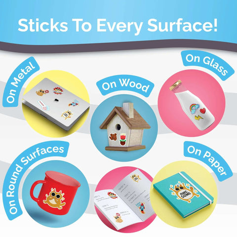 Glossy white vinyl sticker paper, 32 self-adhesive sheets for inkjet/laser printers; demonstrates uses on metal, wood, glass.