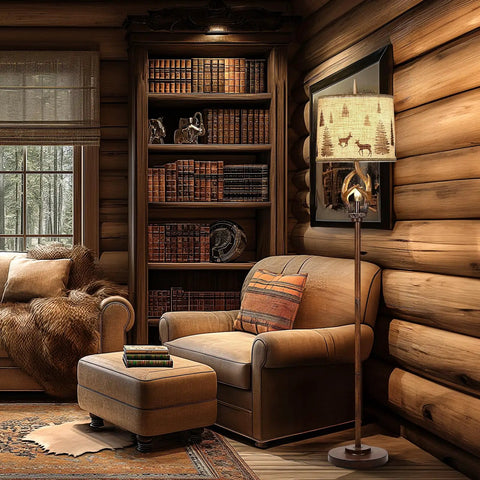 Rustic Farmhouse Antlers Floor Lamp With Nightlight, 63.5 Inch Tall Brown Finish, next to a cozy armchair in a log cabin room.