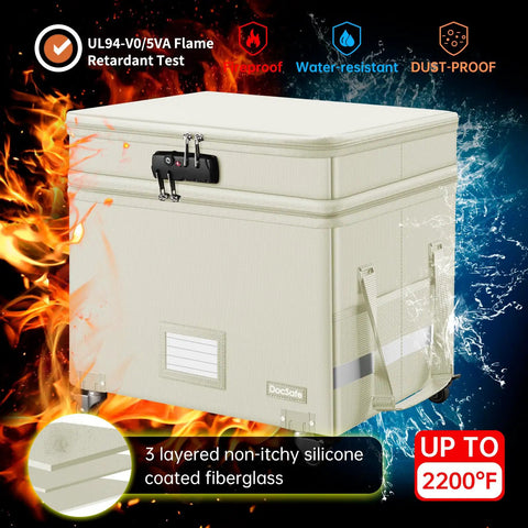 Rock Solid Fireproof Document Box With Secure Lock And Smooth Rollers Collapsible Portable Filing Cabinet Water Resistant Storage Organizer Roomy Beige with dual status indicators.