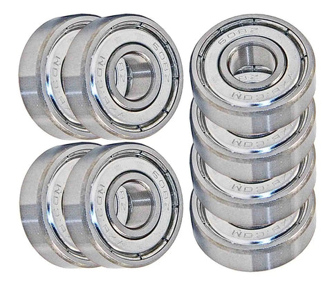 Top Shelf 608ZZ Double Shielded Ball Bearings Set Of Eight for skateboards, premium carbon steel, 8x22x7mm size.