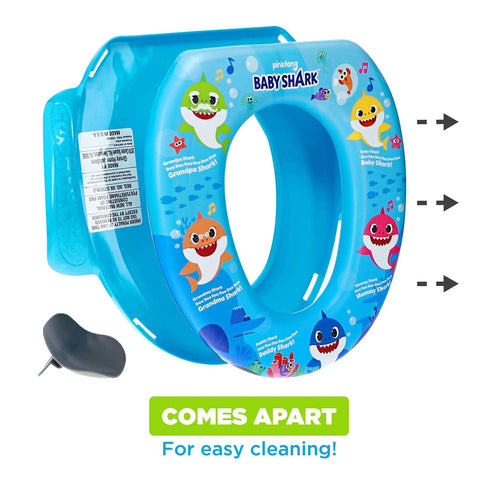 Baby Shark Soft Potty Training Seat With Hella Comfy Cushion And Secure Grip Handles Smooth Bathroom Transition For Toddlers Durable Non Slip Platform Easy To Clean with vibrant shark design.
