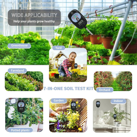 7 In One Soil Test Kit With Dope Easy Read LCD Display used in various environments like greenhouse and garden