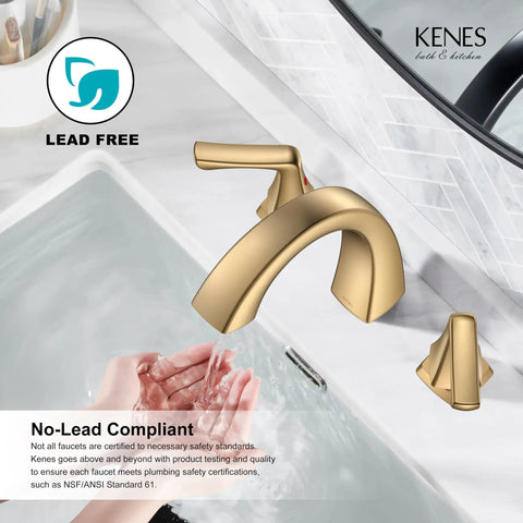 Top Notch Champagne Bronze Widespread Bathroom Faucet Three Hole Sink Tap With Dual Flow Spray Valve, lead free design in use.