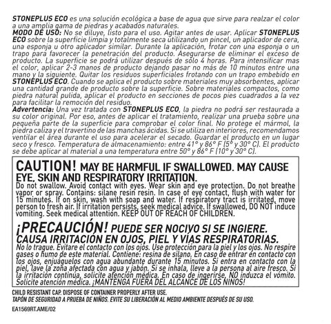 Back label of Stone Sealer And Color Enhancer For Natural Stone Pavers Outdoor Eco Friendly Water Based Matte Finish No Fuss Deeply Penetrating Enriches Color On Travertine Granite And Slate In Polished Honed Textured And Tumbled Forms 1 Qt, showing usage instructions and safety warnings