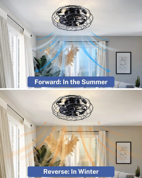Image showing the 18-Inch Caged Flush Mount Ceiling Fan With Lights And Remote in action, demonstrating summer and winter airflow.