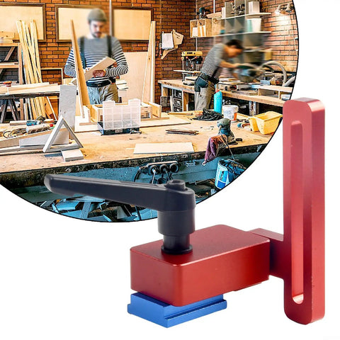 Premium Woodworking T-Slot Stop Limiter With High Accuracy Aluminum Alloy Construction To Nail Exact Chute Lengths And Crush Repeatable Cuts On Standard 30mm Tracks Every Single Time in red and blue, used in woodworking shop.