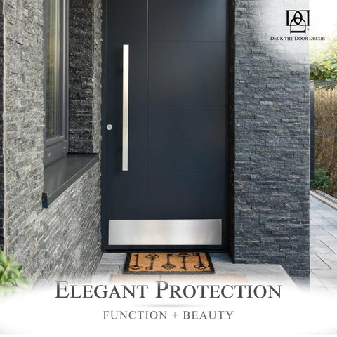Door Kick Plate For Exterior Doors - Anodized Aluminum, Easy Screw Mount, shown on a modern door with sleek handle and stone walls.