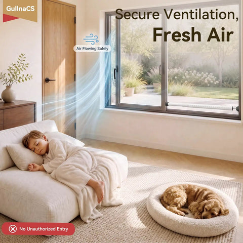 Child sleeping peacefully next to a window secured by 2-In-1 Door And Window Security Bar Locks It Down With Anti-Theft Blocker.
